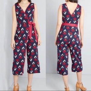 MODCLOTH Navy Blue Floral Print Tie Waist Wrap Crop Jumpsuit